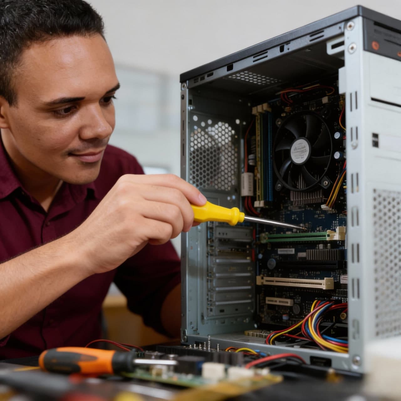 Marcelo consertando um computador